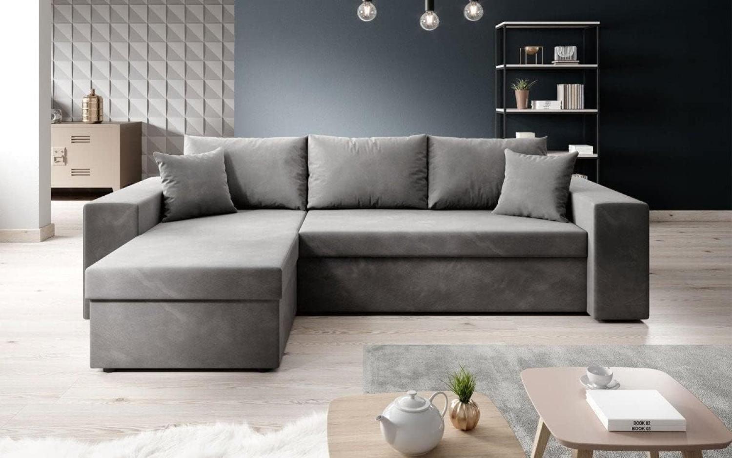 Designer Sofa Denver mit Schlaf- und Klappfunktion Grau Samt Links Bild 1