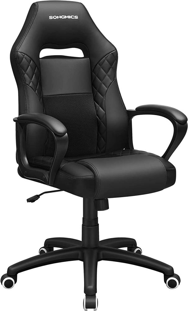 SONGMICS Gamingstuhl, Bürostuhl mit Wippfunktion, Racing Chair, ergonomisch, S-förmige Rückenlehne, gut für die Lendenwirbelsäule, bis 150 kg belastbar, Kunstleder, schwarz OBG38BK Bild 1