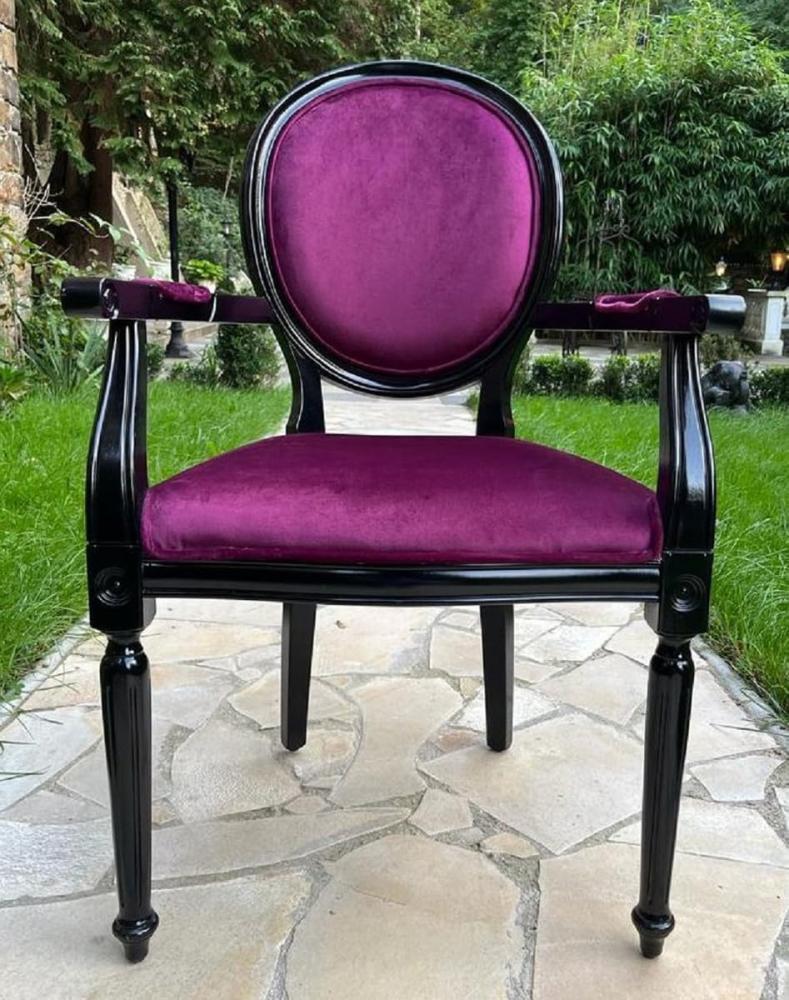 Casa Padrino Luxus Barock Esszimmer Stuhl Lila / Schwarz - Handgefertigter Antik Stil Stuhl mit Armlehnen und edlem Samtstoff - Esszimmer Möbel im Barockstil Bild 1