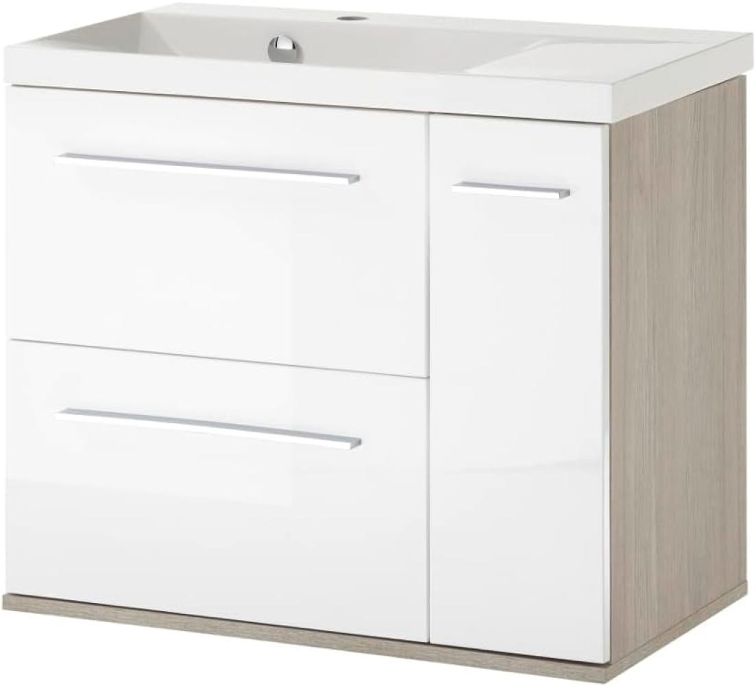 Waschbeckenunterschrank mit Waschbecken Venni in weiß Hochglanz Lack und Eiche 70 cm Bild 1