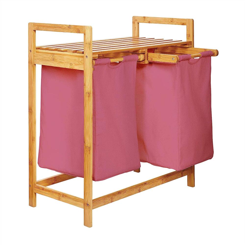 Lumaland Wäschekorb aus Bambus mit 2 ausziehbaren Wäschesäcken - Größe ca. 73 cm Höhe x 64 cm Breite x 33 cm Tiefe - Farbe Rosa Bild 1