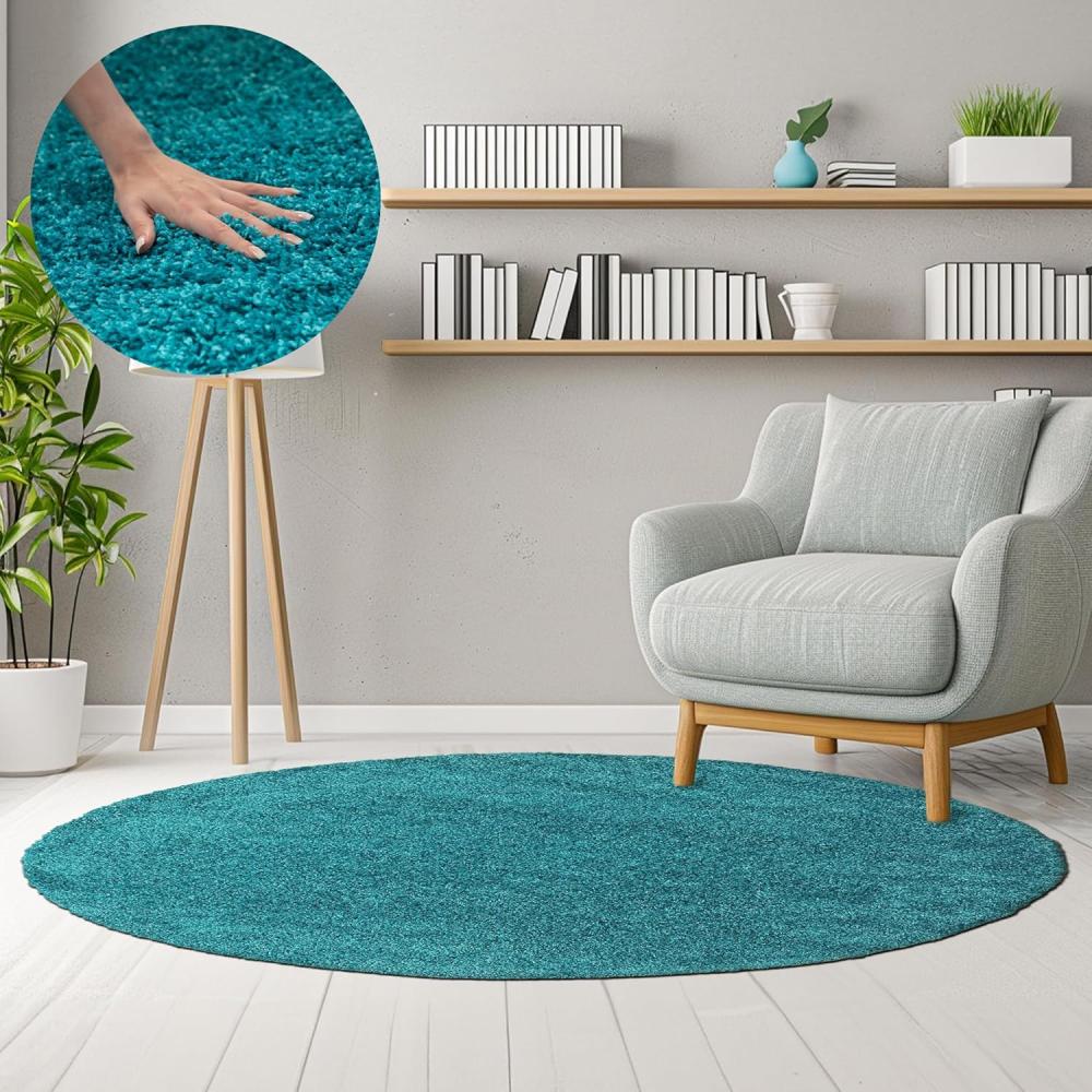 HomebyHome Hochflor Runder Teppich 160 cm Rund Einfarbig Türkis Blau Teppich Langflor Shaggy Modern Teppich für Wohnzimmer, Schlafzimmer, Pflegeleicht Flauschig Weich Rund Großer Teppich Bild 1