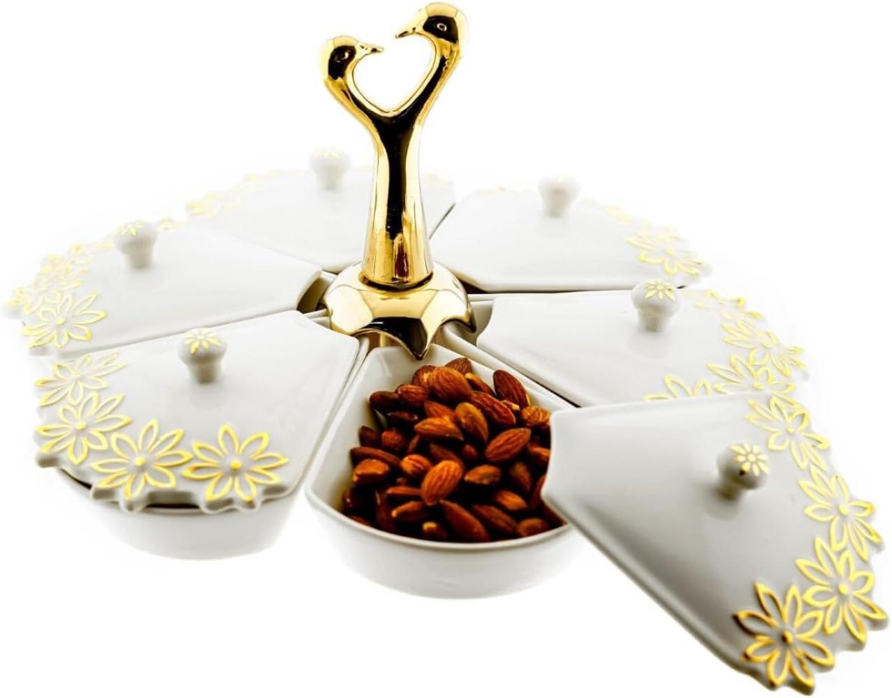 6-teiliges Snackschalen-Set aus Porzellan in Weiß Goldene Halterung und Blumenmuster Bild 1