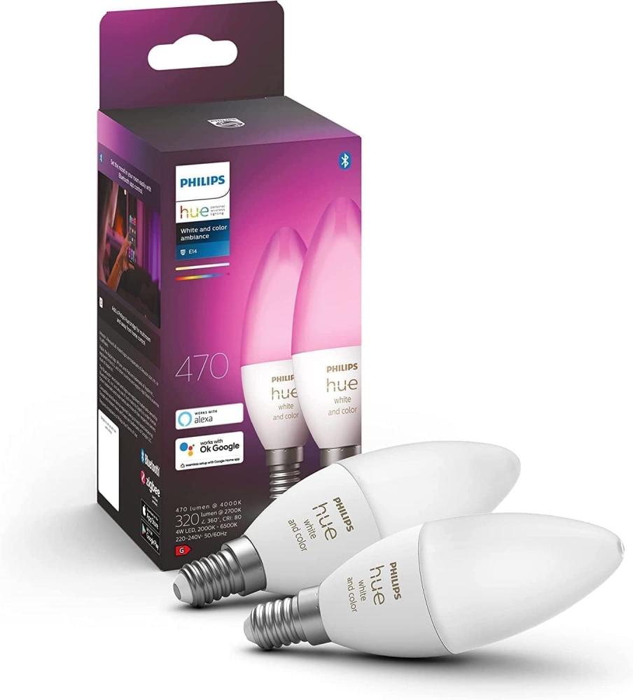 Philips Hue White & Color Ambiance E14 LED Leuchten 2-er Pack (470 lm), dimmbare LED Lampen für das Hue Lichtsystem mit 16 Mio. Farben, smarte Lichtsteuerung über Sprache und App Bild 1