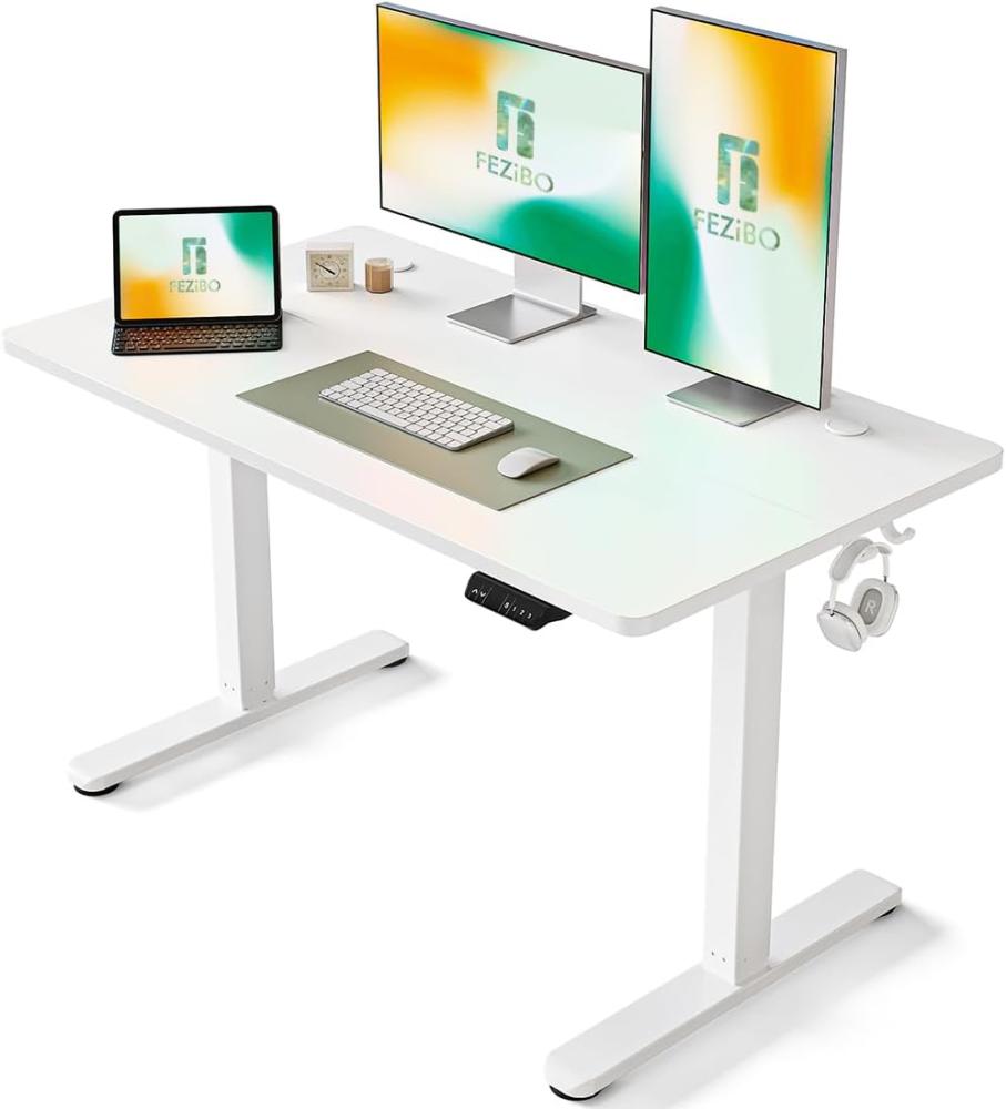 FEZIBO Schreibtisch Höhenverstellbar Elektrisch, 120 x 60 cm Stehschreibtisch mit Memory-Steuerung und Anti-Kollisions Technologie, Weiß Rahmen/Weiß Oberfläche Bild 1