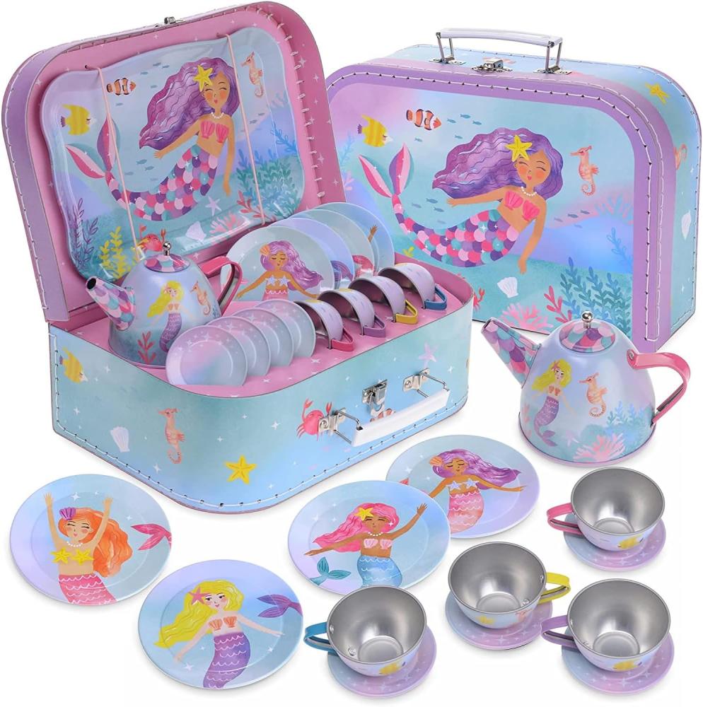 Zinn Teeservice Für Mädchen Tragetasche Kindergeschirr Spielküche 15teilig: Violett Regenbogen Meerjungfrau Bild 1