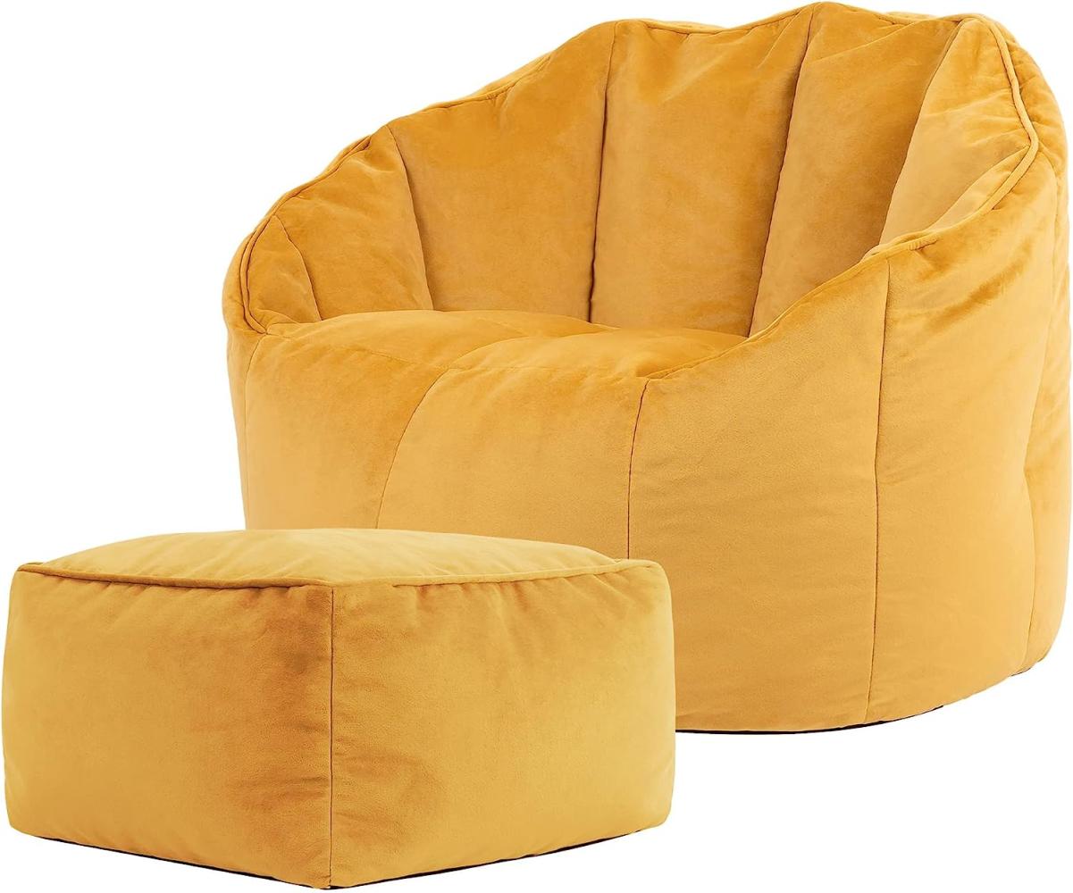 icon Sitzsack-Sessel „Sirena“ mit Hocker, Gelb, Samt, Plüsch XL Sitzsack Erwachsene mit Füllung für das Wohnzimmer, Groß Indoor Sitzsäcke Bild 1