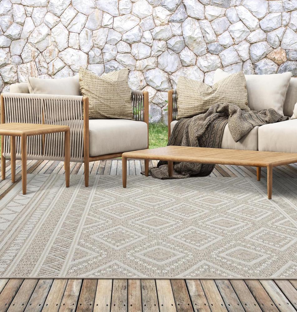 the carpet Calgary - robuster Teppich, Flachgewebe, modernes Design, ideal für Küche und Esszimmer, Vintage-Optik, Boho-Style, besonders flach, auch für den Außenbereich, Beige, 160 x 220 cm Bild 1