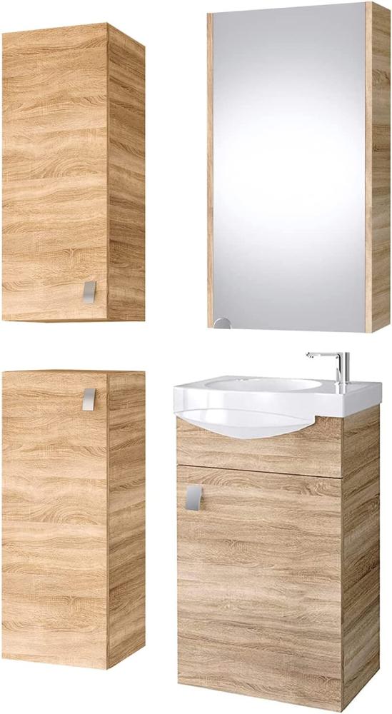 Planetmöbel Badset komplett aus Unterschrank 40cm mit Waschbecken, Spiegelschrank und 2X Midischrank in Sonoma Eiche, Komplettset für Badezimmer 5-teilig Bild 1
