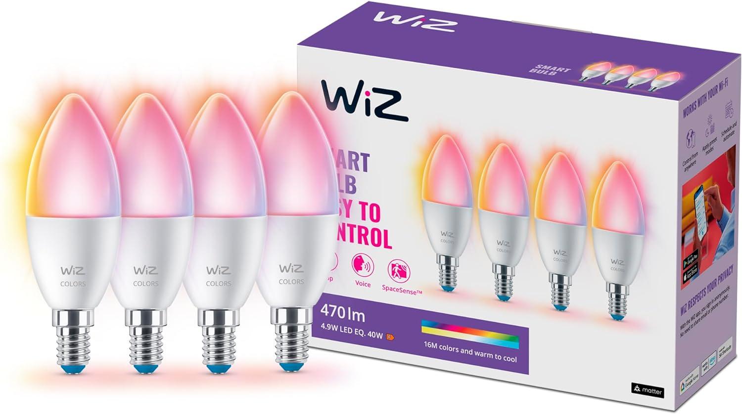 WiZ E14 LED Lampe Tunable White & Color, dimmbar, 40W, 16 Mio. Farben, smarte Steuerung per App/Stimme über WLAN, Viererpack Bild 1