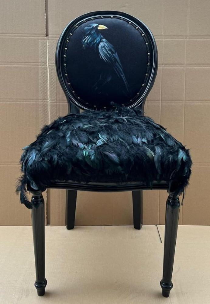 Casa Padrino Luxus Barock Esszimmer Stuhl Krähe Schwarz - Handgefertigter Barockstil Küchenstuhl mit Kunstfedern - Barock Esszimmer Möbel - Edel & Prunkvoll Bild 1