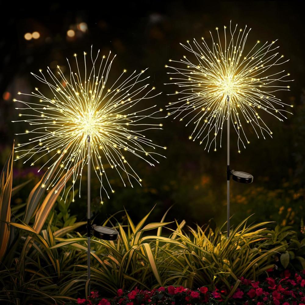 SALCAR LED Solarleuchten Gartendeko, 2 Stück 180LED Solar Feuerwerk Gartenlichter Wasserdicht, 8 Modi Solarstecker Gartenleuchten für Außen Fußweg Yard Rasen Terrasse, Warmweiß Bild 1