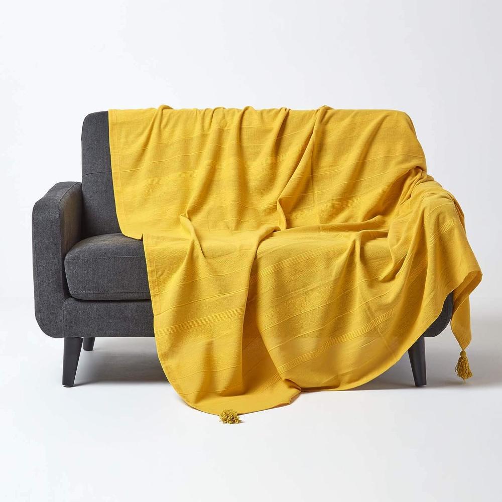 Homescapes Tagesdecke Rajput aus 100% Baumwolle, gelb, 150 x 200 cm – Sofaüberwurf Überwurfdecke Couchüberwurf in RIPP-Optik Bild 1