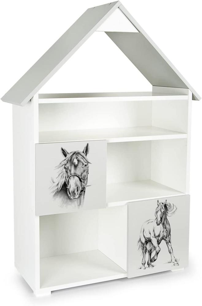 Bücherregal für Kinder - Die Pferde - Kinderregal mit 6 Zwischenwand (Weiß und Grau) Bild 1