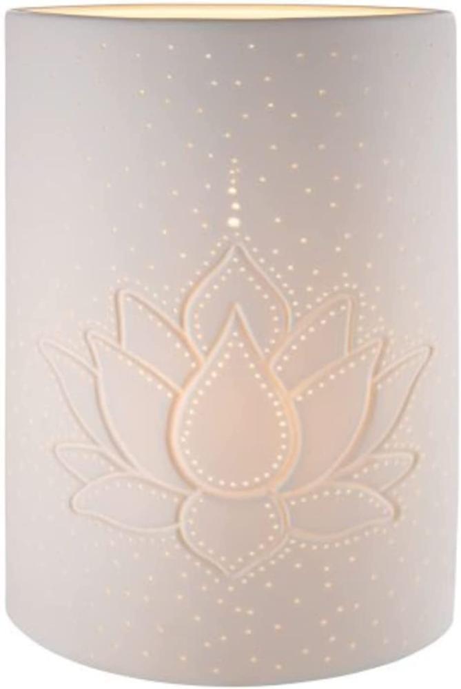 GILDE Porzellan Lampe Tischlampe Dekolampe - Lotus Blume - Standlampe mit Lochmuster - Farbe: Weiss - Höhe 28 cm Bild 1