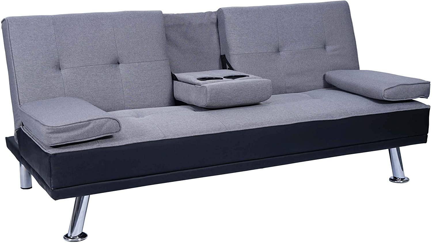 3er-Sofa HWC-F60, Couch Schlafsofa Gästebett, Tassenhalter verstellbar 97x166cm ~ Kunstleder/Textil, schwarz/hellgrau Bild 1
