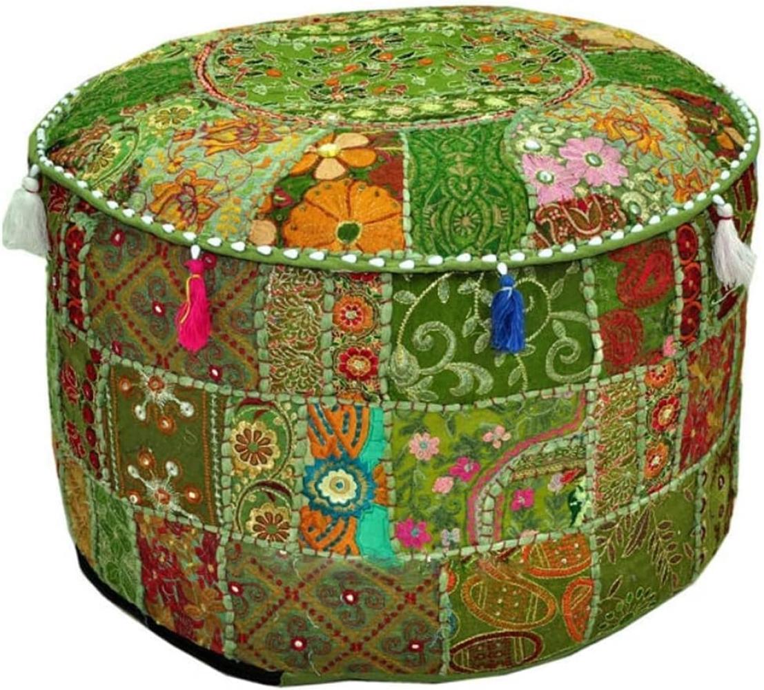 Aakriti Indian Pouf Fußhocker mit Stickerei Pouf, indische Baumwolle, Pouffe osmanischen Pouf Cover mit ethnischem Dekor Kunst - Cover (Green, 56x35 cms) Bild 1