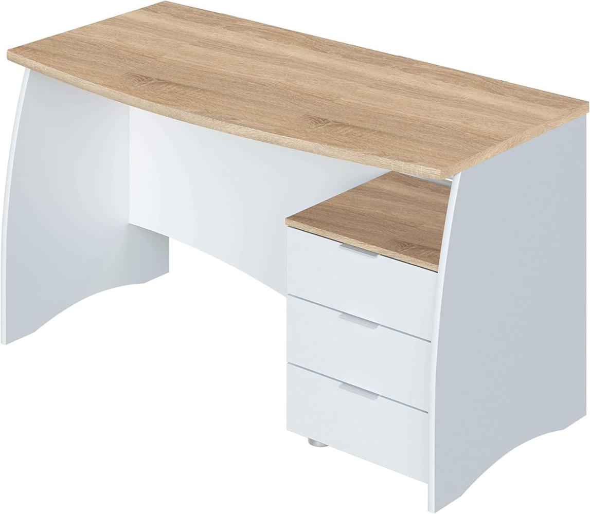 Schreibtisch mit Kommode mit drei Schubladen, Farbe Weiß und Eiche, 136 x 74 x 67 cm. Bild 1