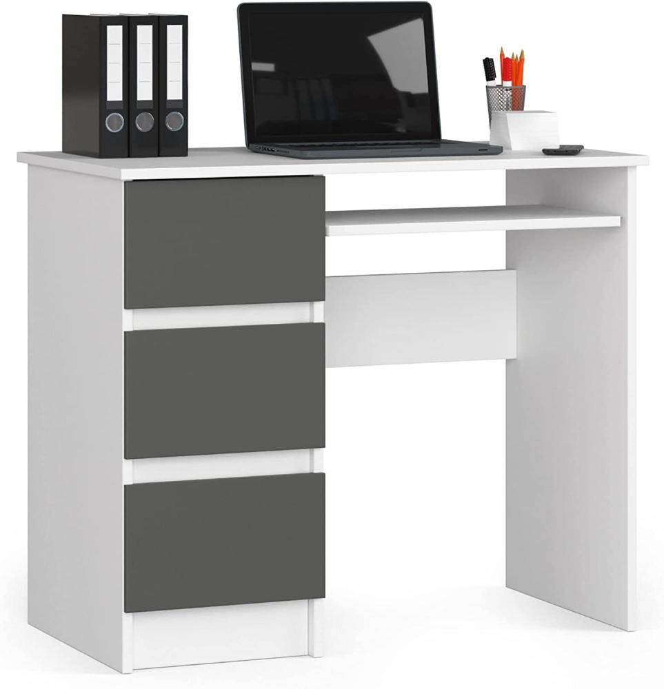 AKORD Schreibtisch A-6 mit Tastaturablage und 3 Schubladen | B90 x H77 x T50 cm, 30 kg | Links | Weiß/Graphitgrau Bild 1