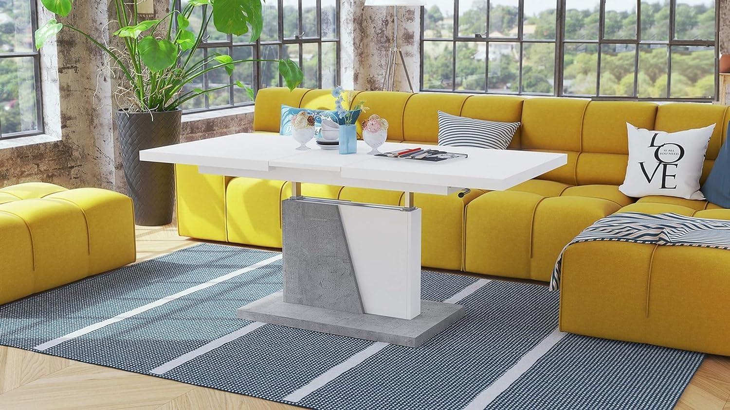 Design Couchtisch Tisch Grand Noir Weiß matt/Beton Betonoptik stufenlos höhenverstellbar ausziehbar 120 bis 180cm Esstisch Bild 1