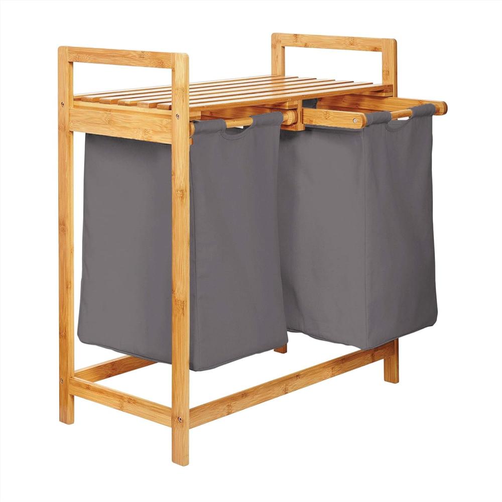 Lumaland Wäschekorb aus Bambus mit 2 ausziehbaren Wäschesäcken - Größe ca. 73 cm Höhe x 64 cm Breite x 33 cm Tiefe - Farbe Dunkelgrau Bild 1