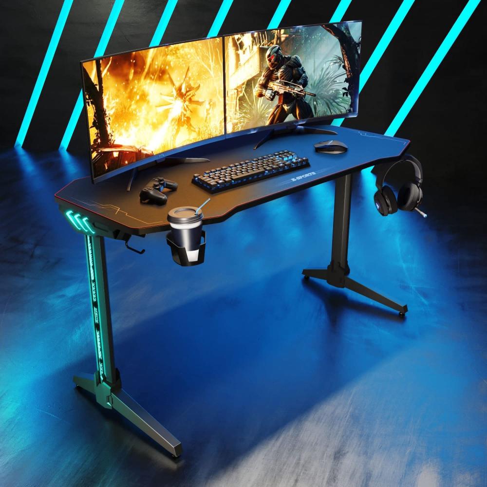 SONNI Gaming Tisch mit LED,140cm großer Oberfläche/PC Tisch/Gaming Desk,2-3 Monitore aufstellbar mit Mausunterlage,Getränkehalterung und Kopfhörerhaken Bild 1