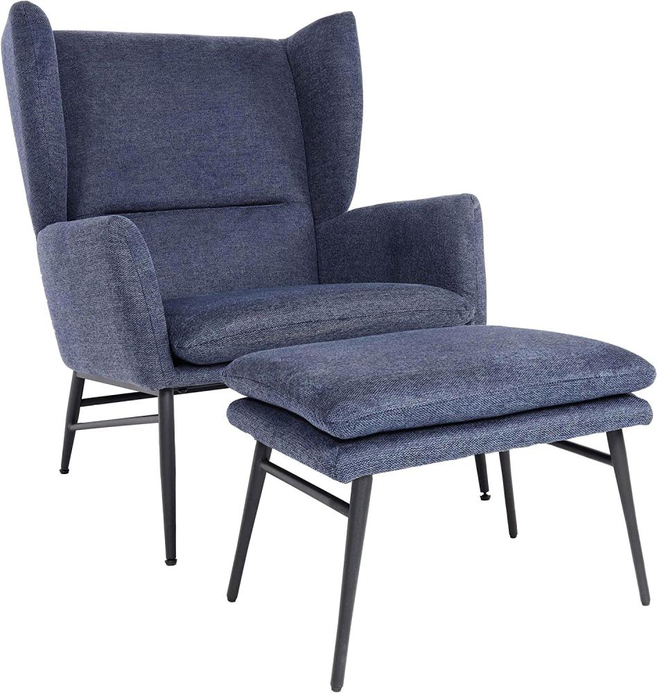 Lounge-Sessel mit Ottomane HWC-L62, Sessel Polstersessel Cocktailsessel Hocker, Stoff/Textil ~ blau Bild 1