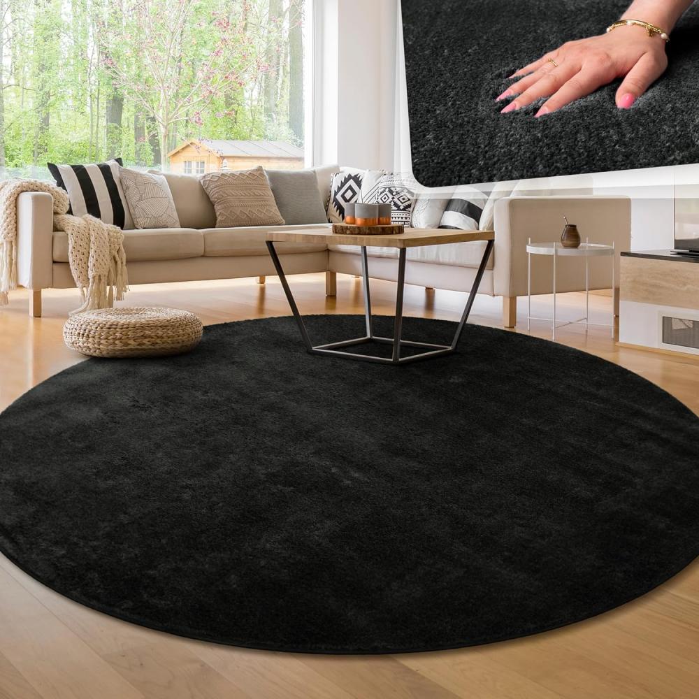 Paco Home Waschbarer Teppich Wohnzimmer Schlafzimmer Kurzflor rutschfest Flauschig Weich Moderne Einfarbige Muster, Grösse:120 cm Rund, Farbe:Schwarz Bild 1