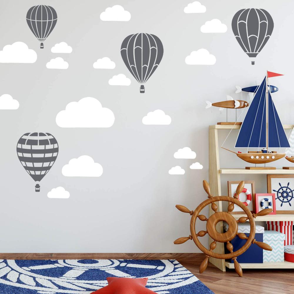 Heißluftballon & Wolken Aufkleber Wandtattoo Himmel | Wandbild 6x DIN A4 Bögen | Sticker Kinder Kinderzimmer Deko Ballons (Betongrau) Bild 1