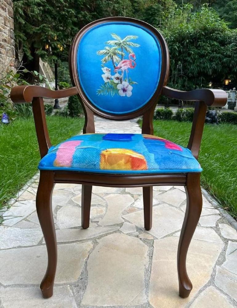 Casa Padrino Luxus Barock Esszimmer Stuhl Blau / Mehrfarbig / Braun - Handgefertigter Antik Stil Stuhl mit Armlehnen - Esszimmer Möbel im Barockstil - Barock Möbel Bild 1