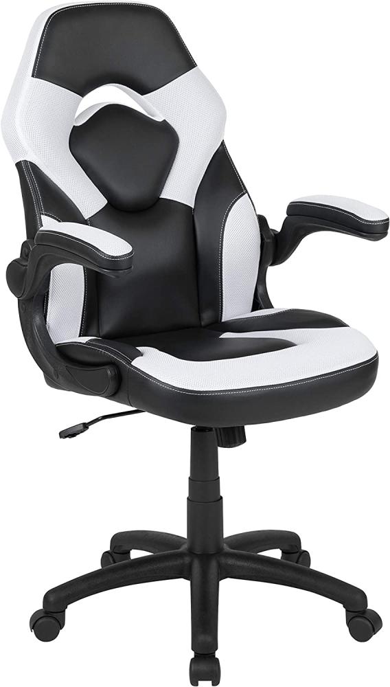 Flash Furniture Gaming Stuhl mit hoher Rückenlehne – Ergonomischer Bürosessel mit verstellbaren Armlehnen und Netzstoff – Perfekt als Zockerstuhl und fürs Home Office – Weiß Bild 1