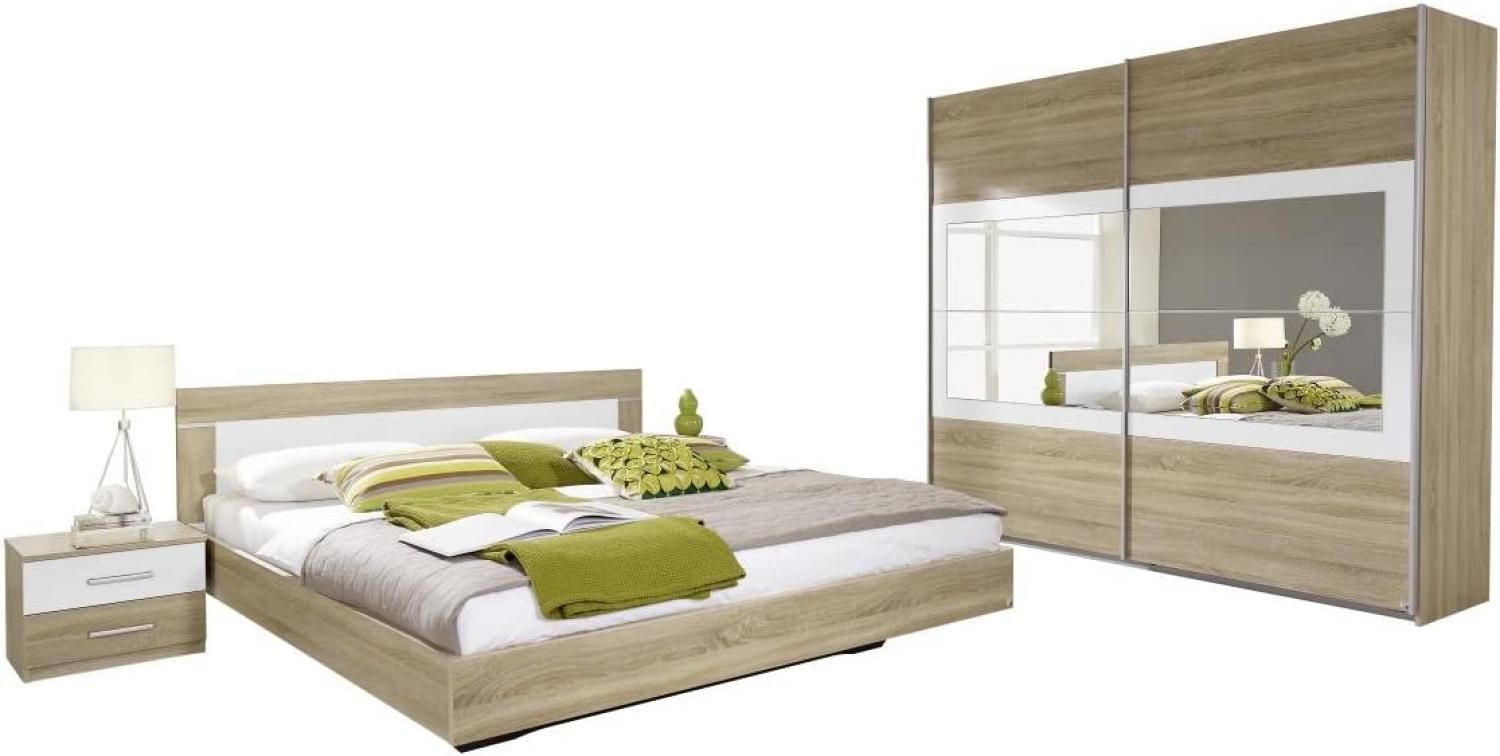 Rauch Möbel Venlo Schlafzimmer, Eiche Sonoma / Weiß, bestehend aus Bett mit Liegefläche 180x200 cm inkl. 2 Nachttische und Schwebetürenschrank BxHxT 226x210x62 cm Bild 1