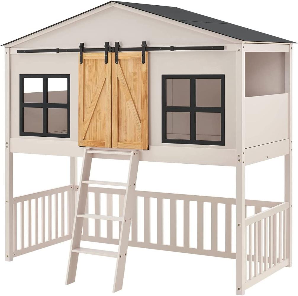 Juskys Kinderbett Farmhaus 90 x 200 cm mit Treppe, Dach & Fenster – Hochbett rosa für Kinder – Lattenrost bis 150 kg – Hausbett aus Massivholz Bild 1