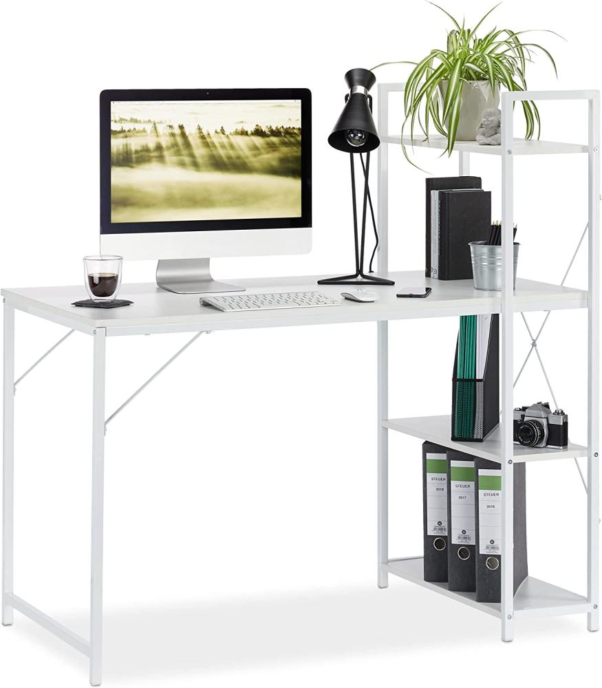 Relaxdays Schreibtisch, Kombination mit Regal, 4 Ablagefächer, für Jugendzimmer & Büro, HBT: 121 x 120 x 62 cm, weiß, PB, Metall Bild 1