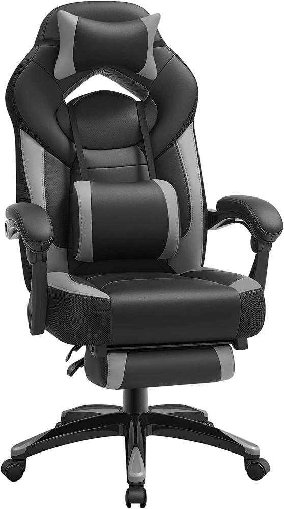 SONGMICS Gaming Stuhl, Bürostuhl mit Fußstütze, Schreibtischstuhl, ergonomisches Design, verstellbare Kopfstütze, Lendenstütze, bis zu 150 kg belastbar, schwarz-grau OBG77BG Bild 1