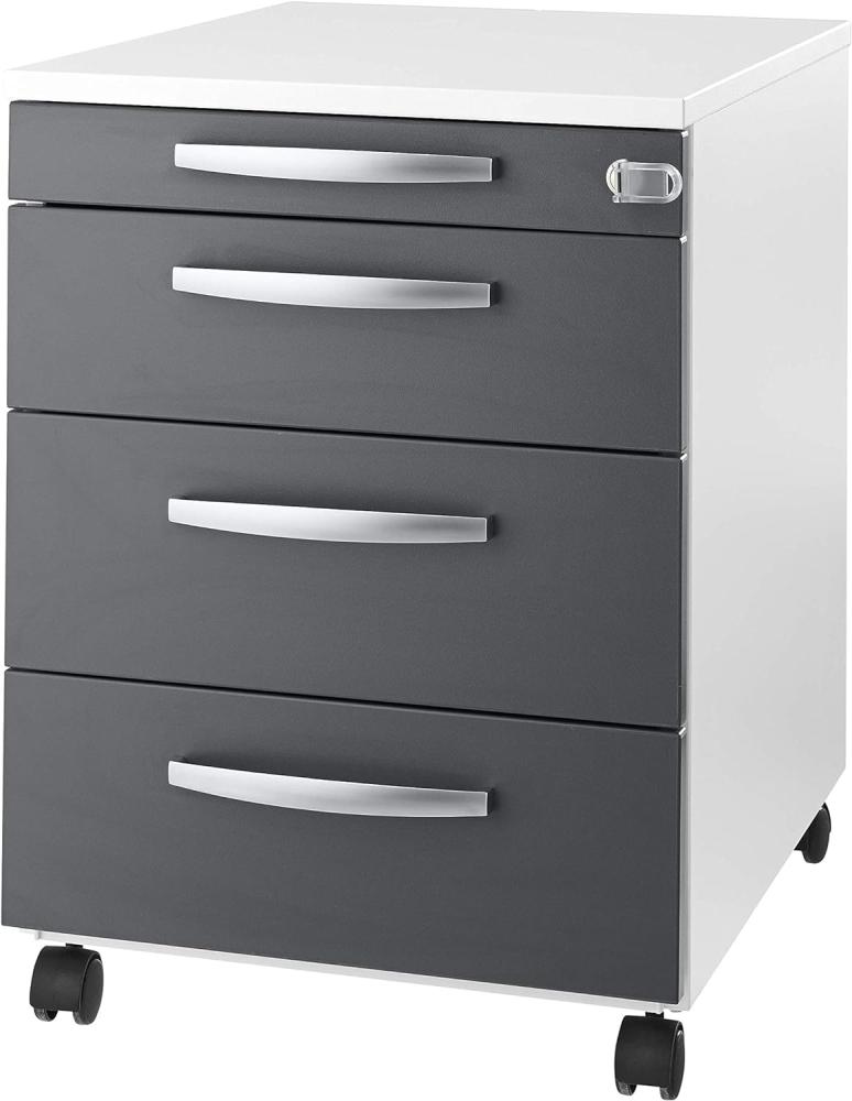 SCHÄFER SHOP Rollcontainer 3 Schubladen – Bürocontainer Aktenschrank Schubladenschrank, 1 Utensilienauszug, Zentralverriegelung - B 432 x T 580 x H 595 mm - Weiß/Graphit Bild 1