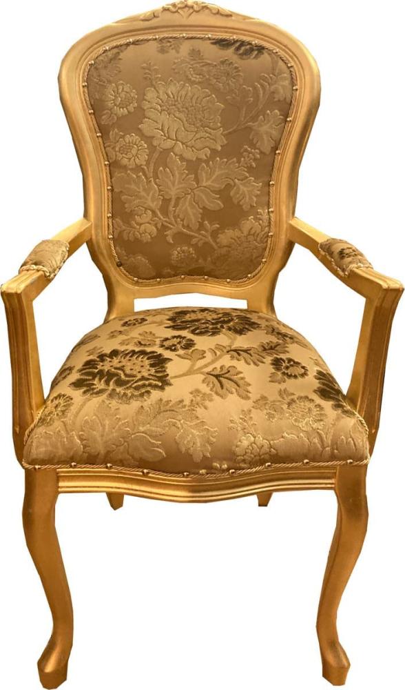 Casa Padrino Barock Luxus Esszimmer Stuhl mit Armlehnen Gold Bouquet Muster / Gold Bild 1