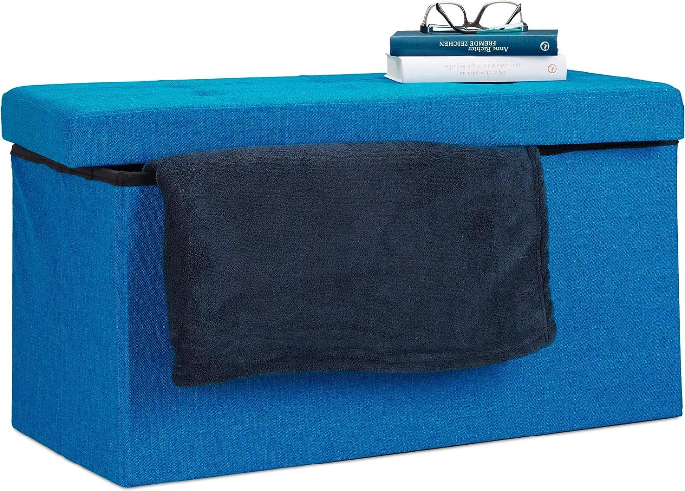 Relaxdays Faltbare Sitzbank XL, mit Stauraum, Sitzcube mit Fußablage, Sitzwürfel als Aufbewahrungsbox, 38x76x38 cm, blau Bild 1