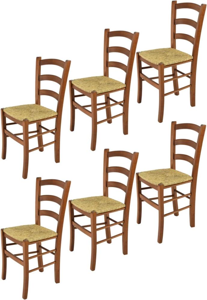 t m c s Tommychairs - 6er Set Stühle Venice für Küche und Esszimmer, robuste Struktur aus lackiertem Buchenholz im Farbton Helles Nussbraun und Sitzfläche aus Stroh Bild 1