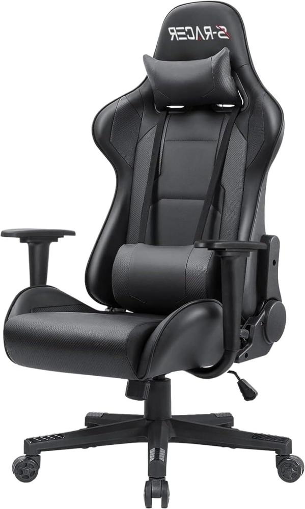 Homall Gaming Stuhl Zocker Computerstuhl, Gamer Ergonomischer Bürostuhl, Hohe Rückenlehne Drehstuhl, PC Stuhl Einstellbarer Neigungswinkel mit Kopfstütze und Lendenkissen (Schwarz) Bild 1