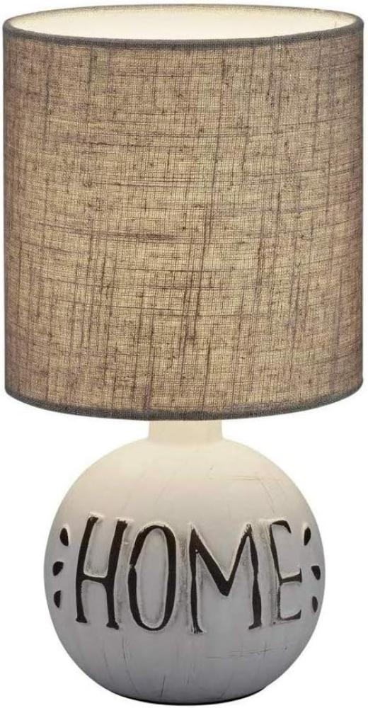 LED Tischleuchte Keramik-Sockel mit dem Schriftzug HOME Stoffschirm in Braun Bild 1