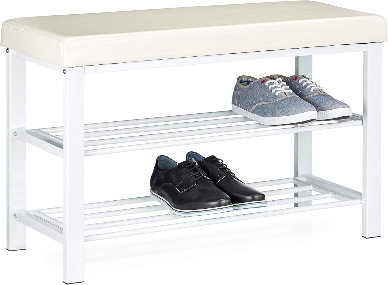 Relaxdays Schuhbank, offen, für 6-8 Paar Schuhe, Schuhregal zum Sitzen, Polsterung aus Kunstleder, HxBxT 49 x 81 x 31 cm, auf 2 Etagen, weiß Bild 1
