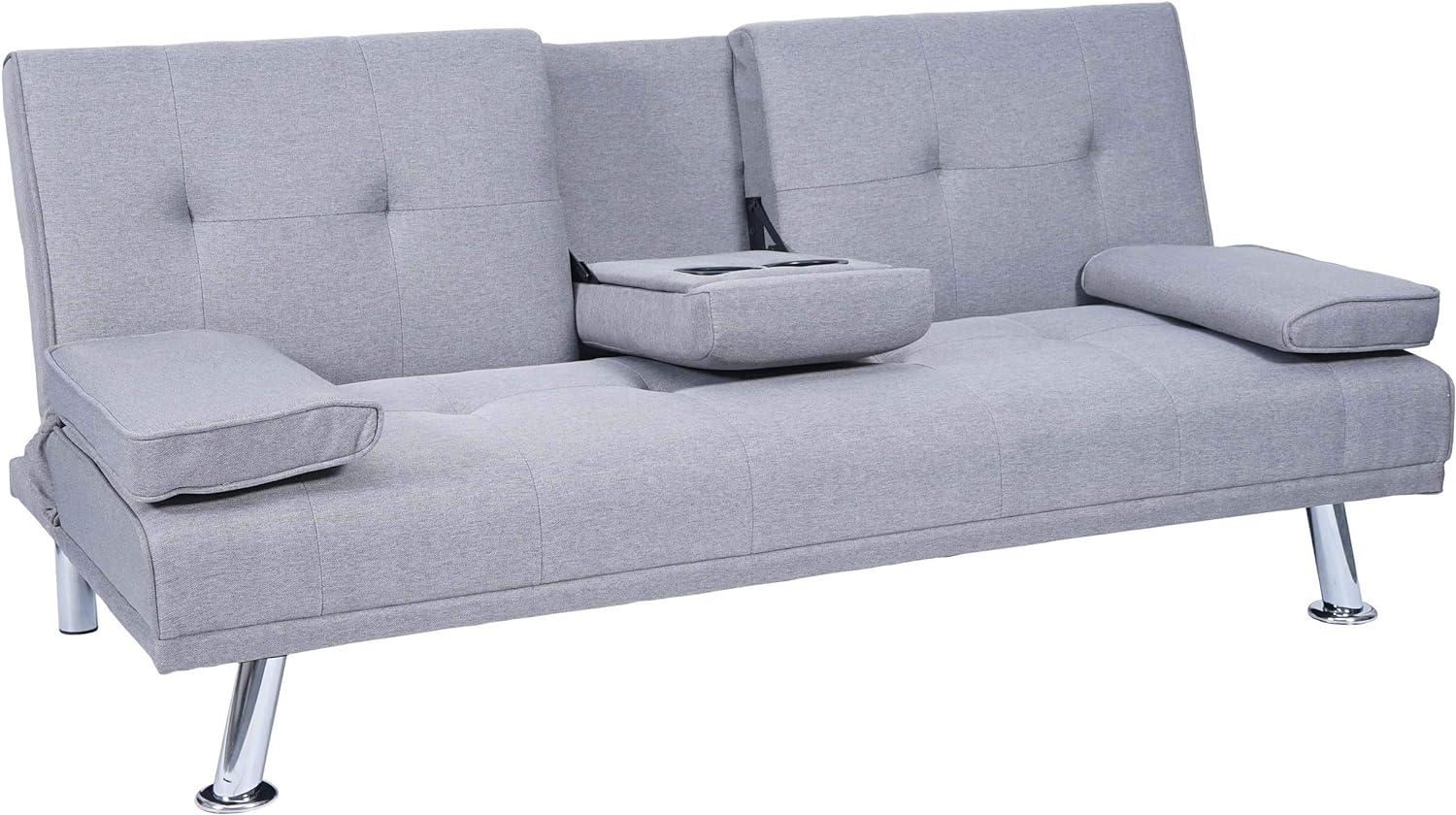 3er-Sofa HWC-F60, Couch Schlafsofa Gästebett, Tassenhalter verstellbar 97x166cm ~ Textil, hellgrau Bild 1