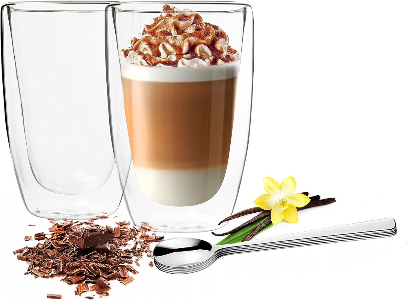 2 Doppelwandige Latte Macchiato Gläser 450ml mit 2 Edelstahl-Löffel Kaffegläser Bild 1
