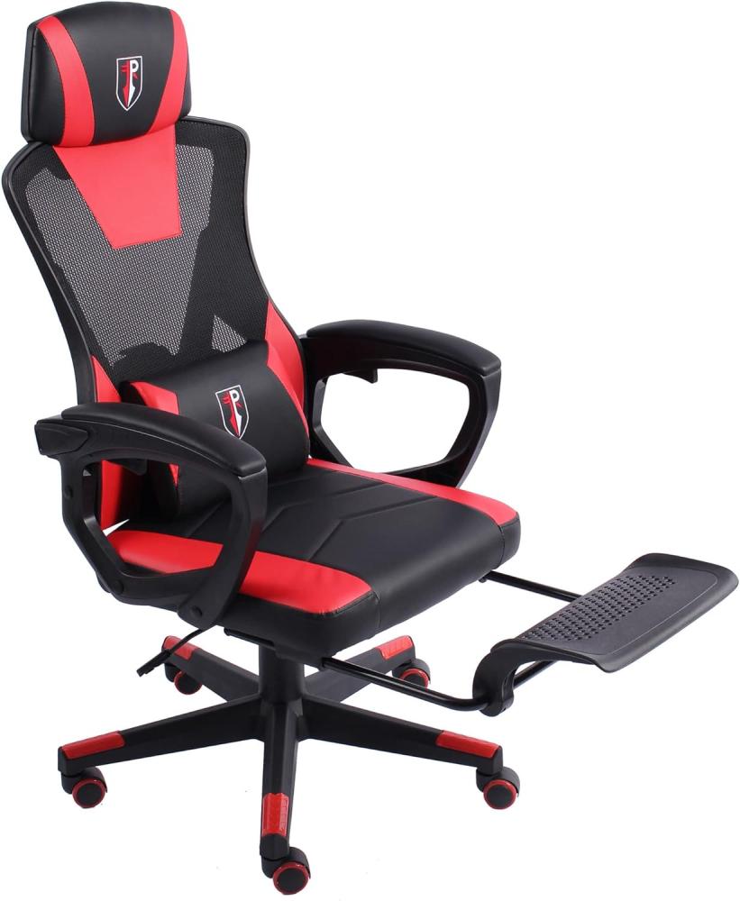 Gaming Stuhl im modernen Racing-Design mit einklappbarer Fußstütze - Gaming Chair mit flexiblen Armlehnen - ergonomischer Gaming Schreibtischstuhl mit extra Stützkissen Schwarz/Rot Bild 1