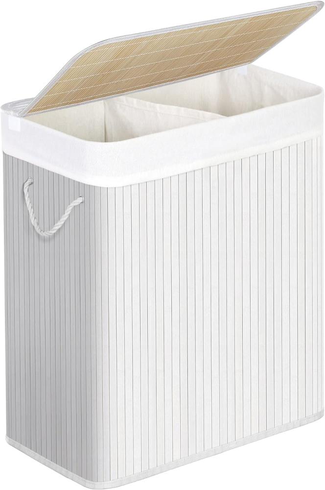 Wäschekorb aus Bambus, Wäschesammler mit 2 Fächern, Wäschesortierer mit Deckel und herausnehmbarem Wäschesack, Tragegriffe aus Baumwolle, 100 L Wäschebox, Weiß LCB64WT Bild 1