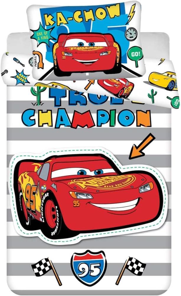 Kinder Baby Bettwäsche Set Disney Pixar Cars Lightning McQueen True Champion Bettdecke 100 x 135 cm, Kopfkissen 40 x 60 cm, 100 % Baumwolle Bild 1