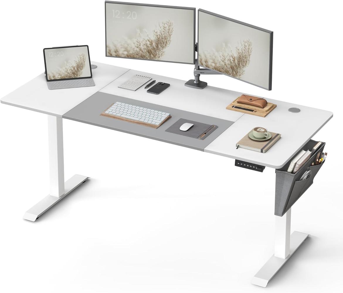 Elektrisch höhenverstellbarer Schreibtisch mit Stofftasche, 4 Höhen gespeichert, Stahl weiß-Taubengrau, 160 x 70 x (72-120) cm Bild 1