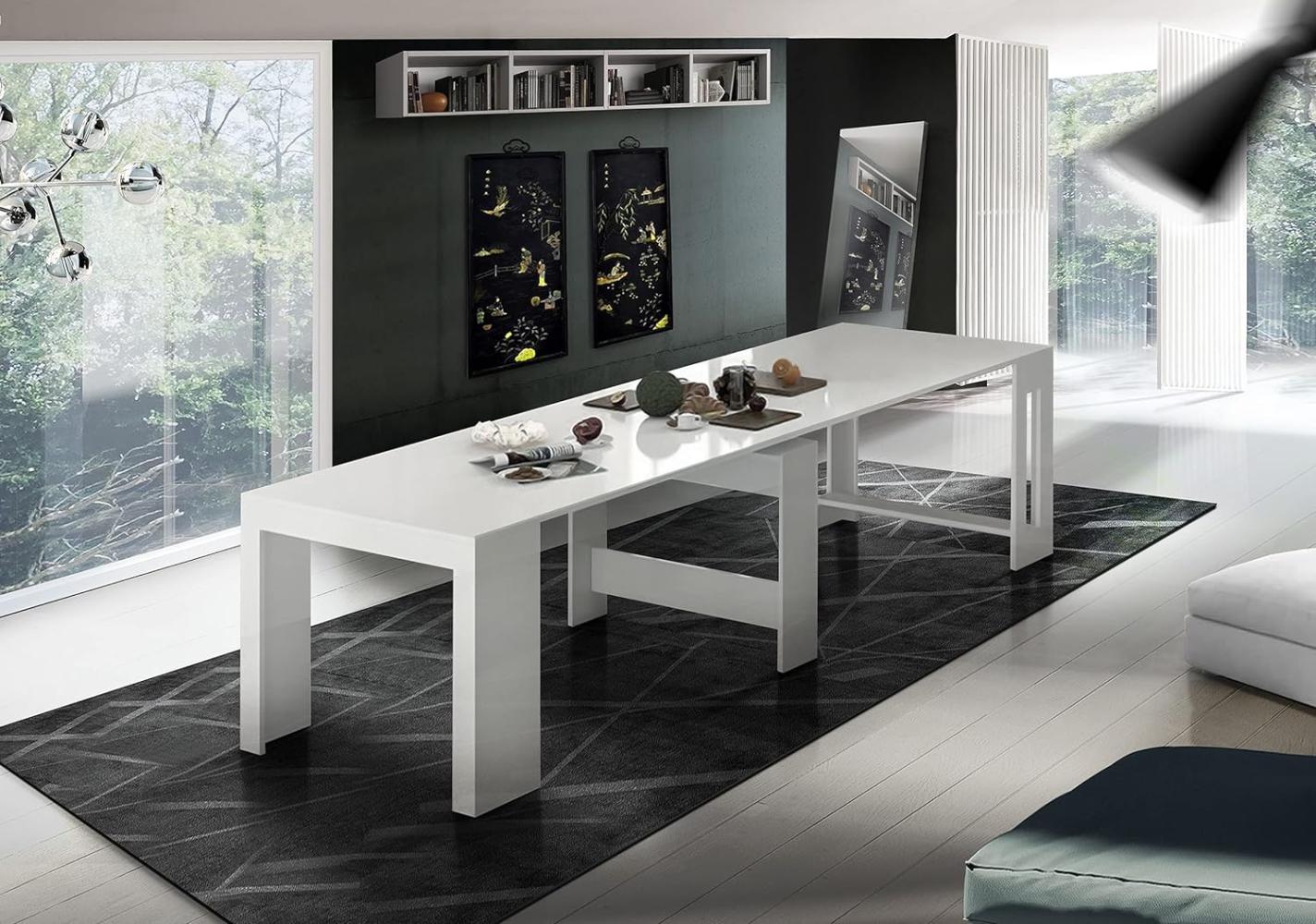 Dmora Moderner Esstisch, Made in Italy, Ausziehbare Konsole bis 12 Sitzplätze, mit Verlängerungshalter, 51x90h77 cm (bis 300 cm) Farbe Weiß glänzend Bild 1