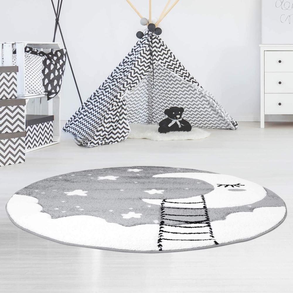 Kinderteppich Bueno Konturenschnitt mit Mond, Wolken, Sterne, in Grau Creme für Kinderzimmer; Größe: 160x160 cm Rund Bild 1
